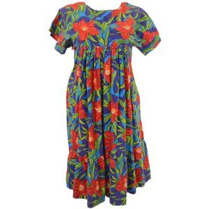 Alexandra Scott Hawaiian Floral Puff Sleeve Midi Babydoll Dress Pockets Cotton